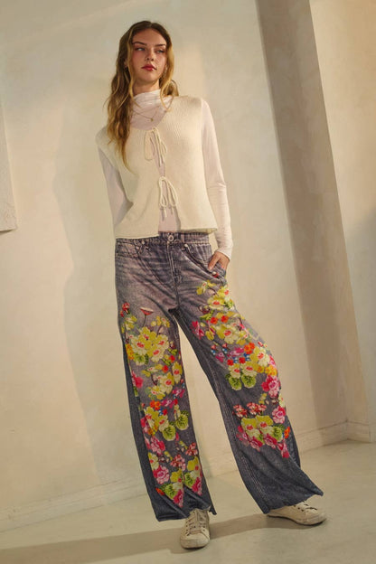 The Curvy Floral & Faux Denim Printed Wide Pants