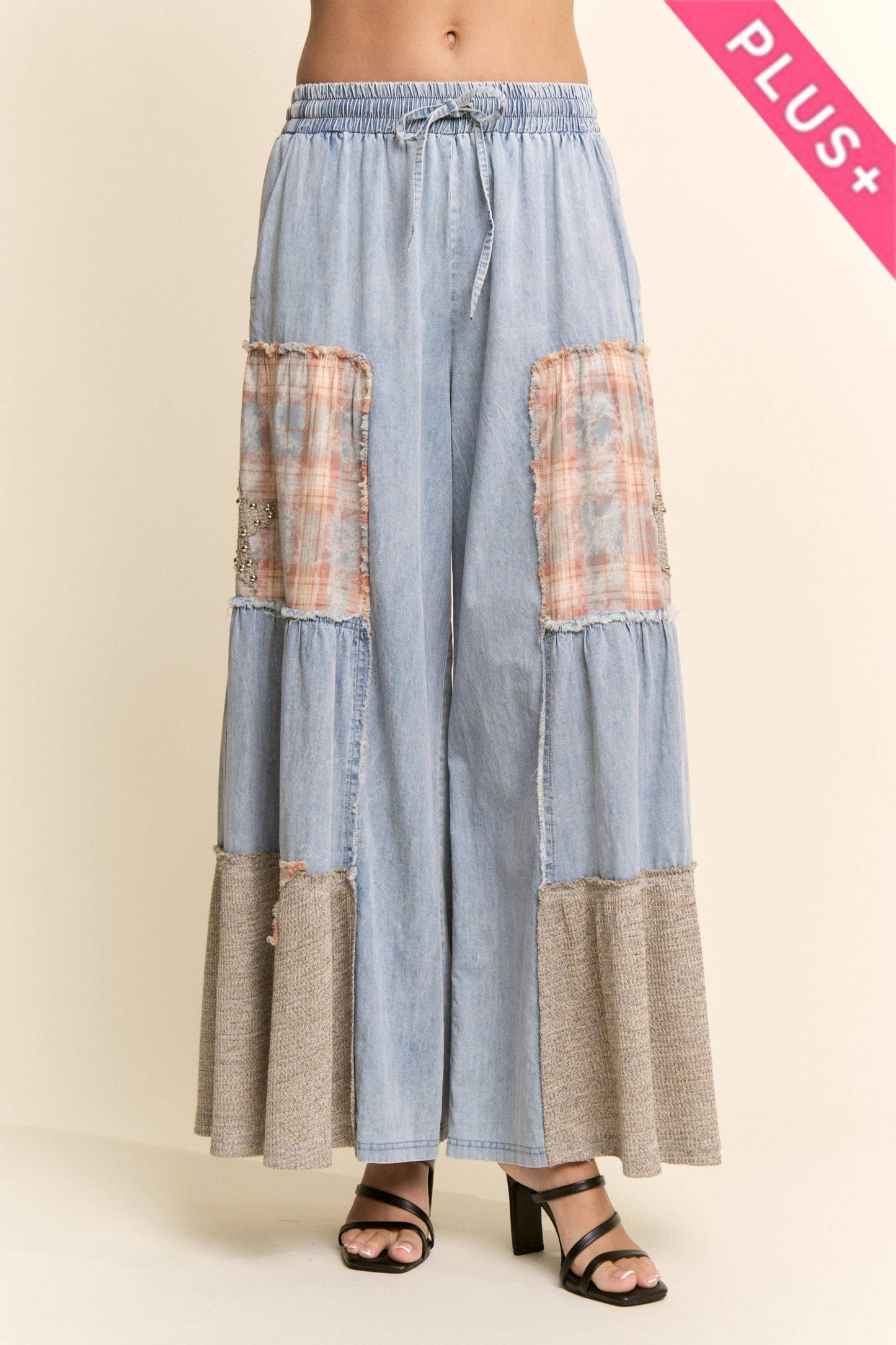 Davi & Dani - DENIM LACE BLOCKED WIDE LEG PANTS