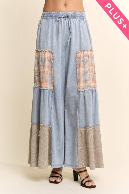 Davi & Dani - DENIM LACE BLOCKED WIDE LEG PANTS