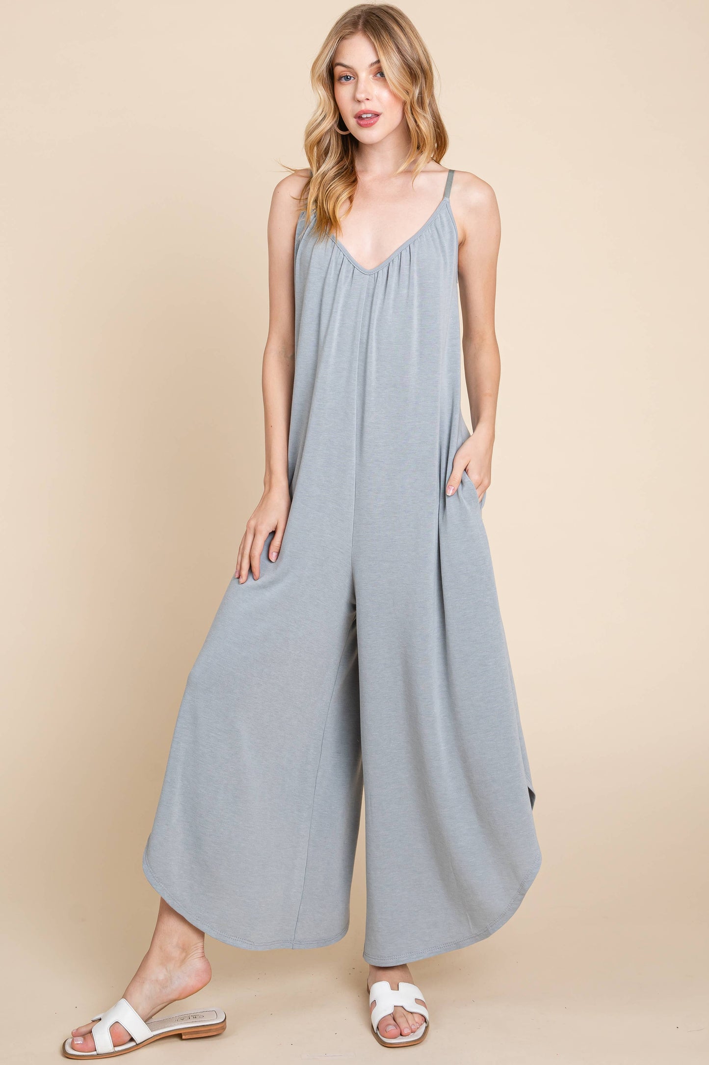 Camel Solid French Terry Wide Leg Jumpsuit