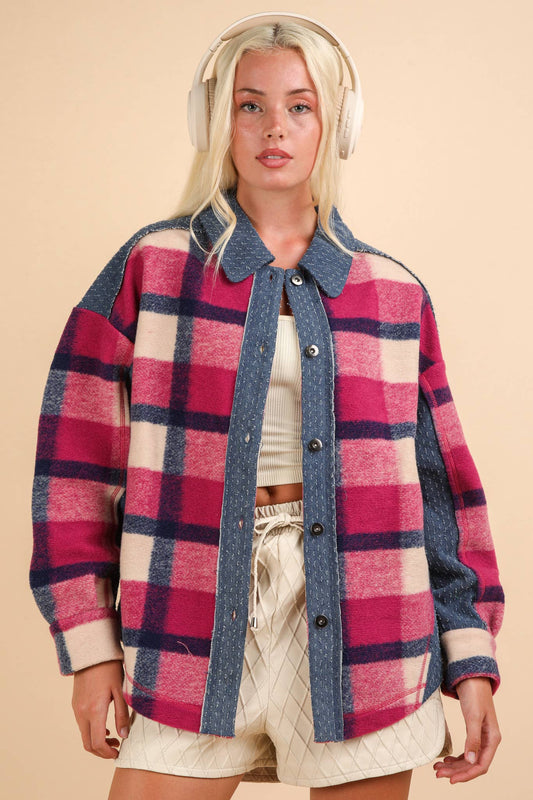 Pink Mix Denim Plaid Shacket Jacket