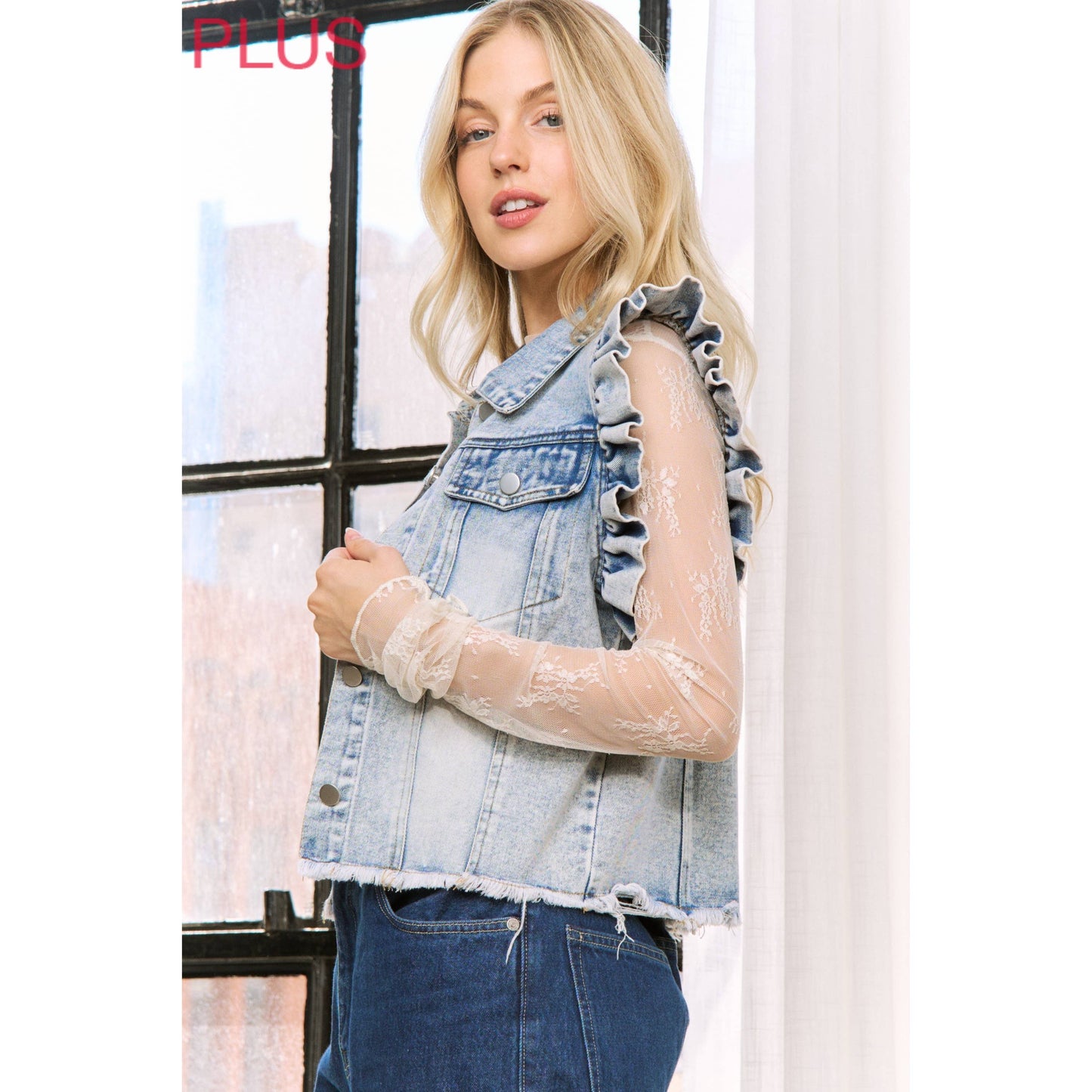 Sweet Generis - DENIM WASH VEST JACKET with ARMHOLE RUFFLE DETAILS