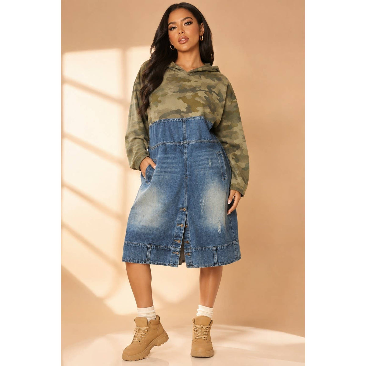 Oversized Camo And Denim Patchwork Hoodie Dress