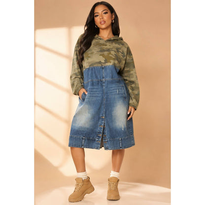 Oversized Camo And Denim Patchwork Hoodie Dress