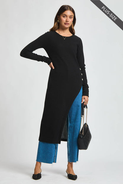 Dear Scarlett -Black Side Slit Longline Tunic w/ Buttons