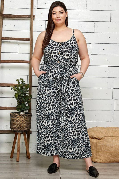 Animal Waist Tie Wide Leg Jumpsuit