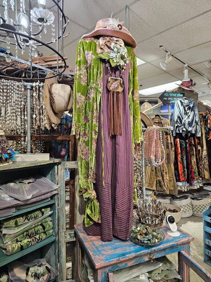 A Rare Bird Shop - Elegant Purple/Green Stripe Lace Dress