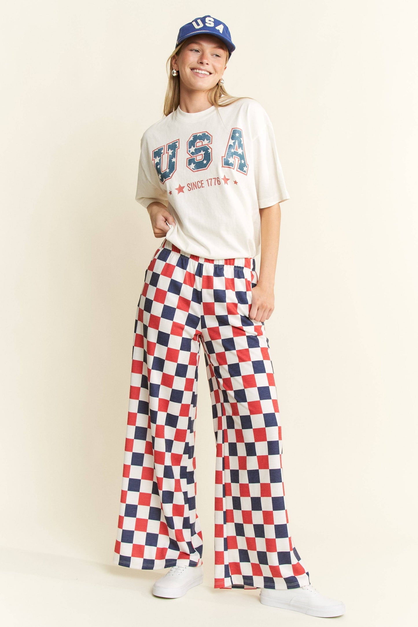 NAVY/WHITE HIGH WAIST CHECKERED KNIT PANTS