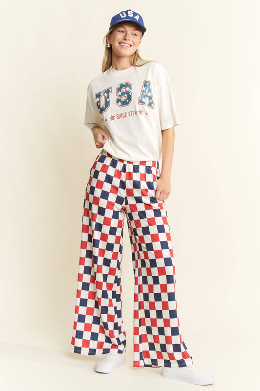 NAVY/WHITE HIGH WAIST CHECKERED KNIT PANTS