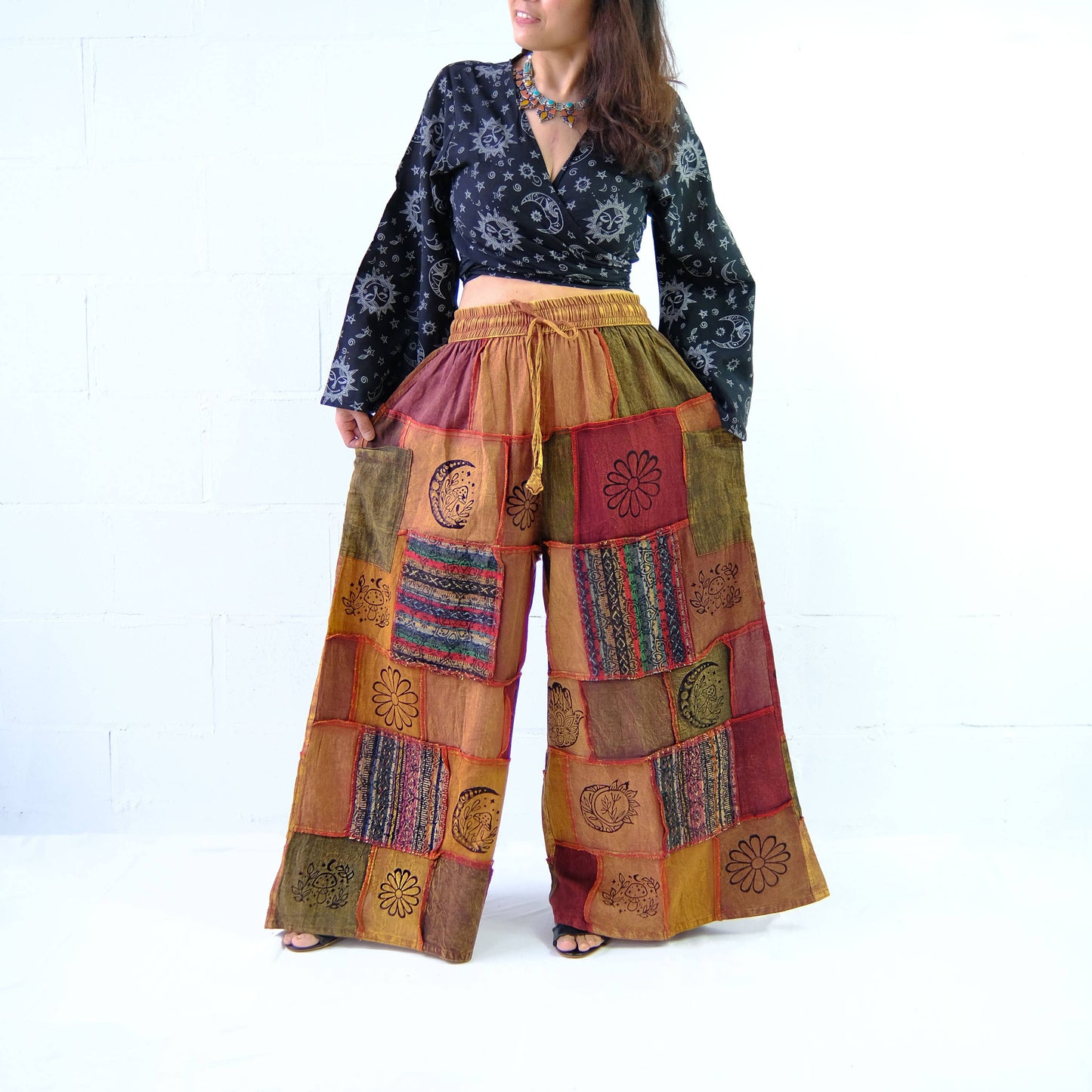 Cotton Patchwork Wide Leg Boho Pants