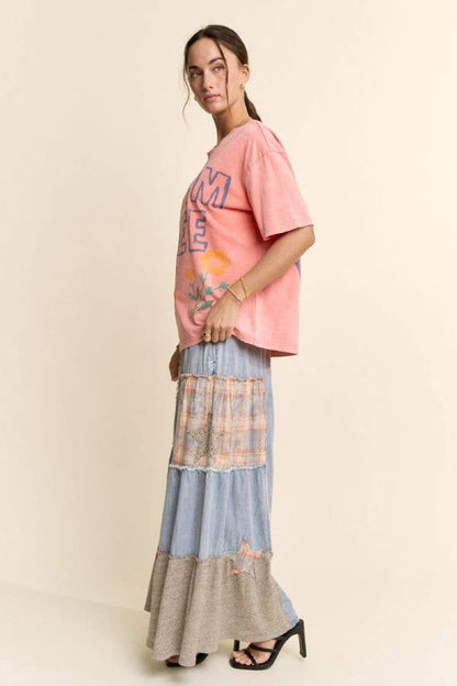Davi & Dani - DENIM LACE BLOCKED WIDE LEG PANTS