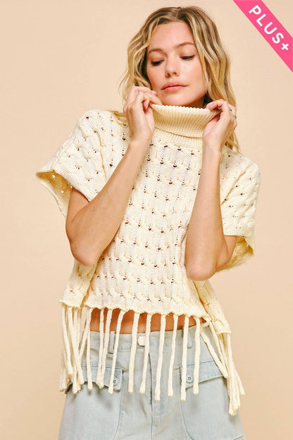 Cream Fringed Hem Turtleneck Sweater by Davi & Dani