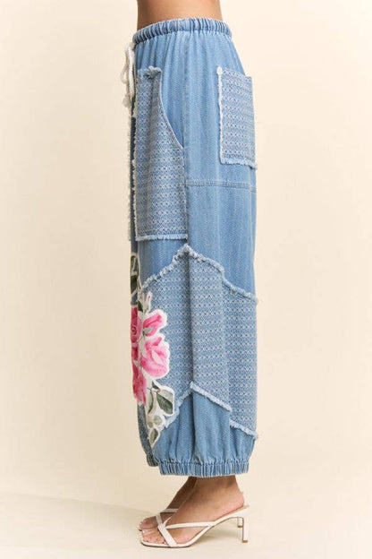 Davi & Dani - DENIM FLOWER PATCHWORK PANTS