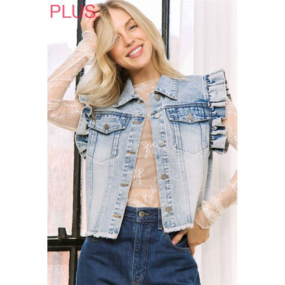 Sweet Generis - DENIM WASH VEST JACKET with ARMHOLE RUFFLE DETAILS