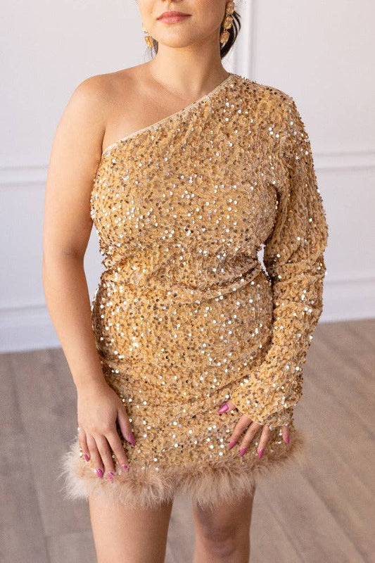 GRACE+EMMA-Feathered Opulence Sequin Dress in Gold