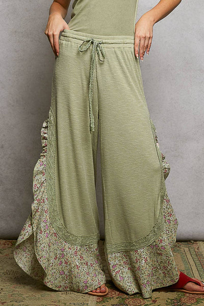 Pol Clothing - Floral Pattern Ruffle Detail Ribbed Knit Pants