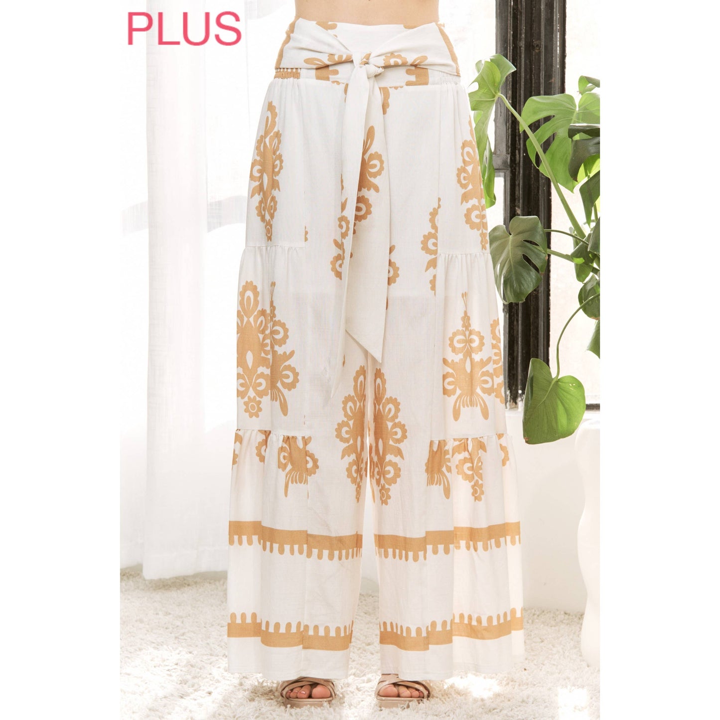 CURVY CHIC BOHO SELF BELTED WIDE LEG PANTS