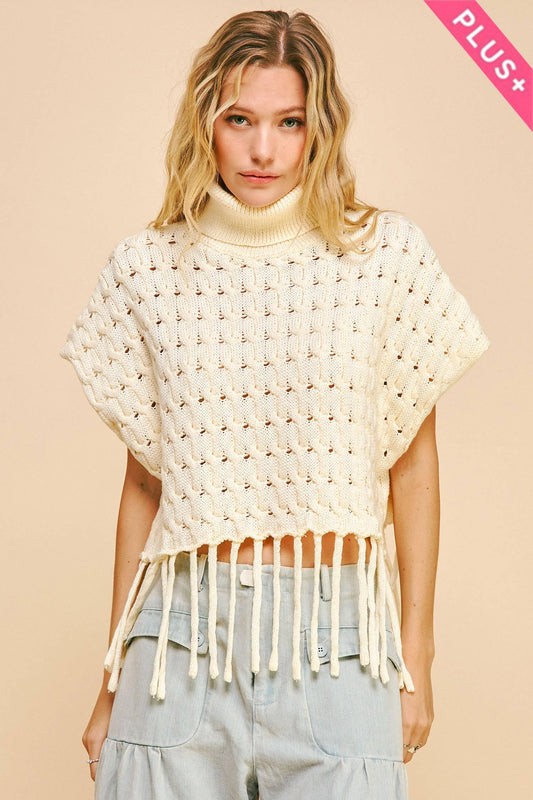 Cream Fringed Hem Turtleneck Sweater by Davi & Dani