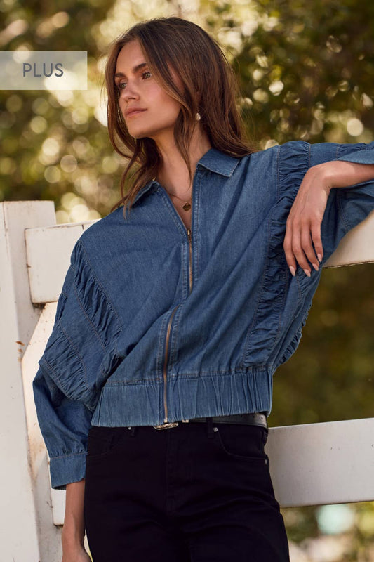 Curvy Ruched Denim Zip-up Jacket