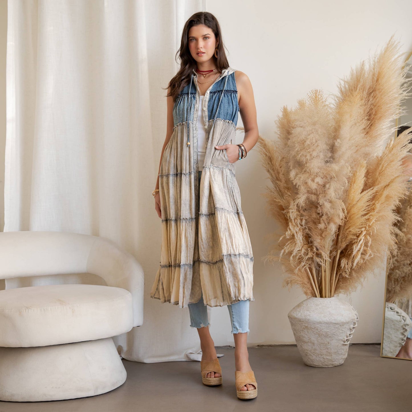 Boho Tiered Sleeveless Maxi Button-Front Duster With Hood 