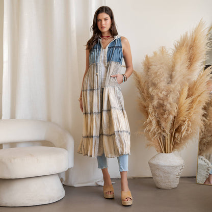 Boho Tiered Sleeveless Maxi Button-Front Duster With Hood 