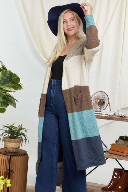 CURVY COLOR BLOCK HOODIE OPEN LONGLINE CARDIGAN