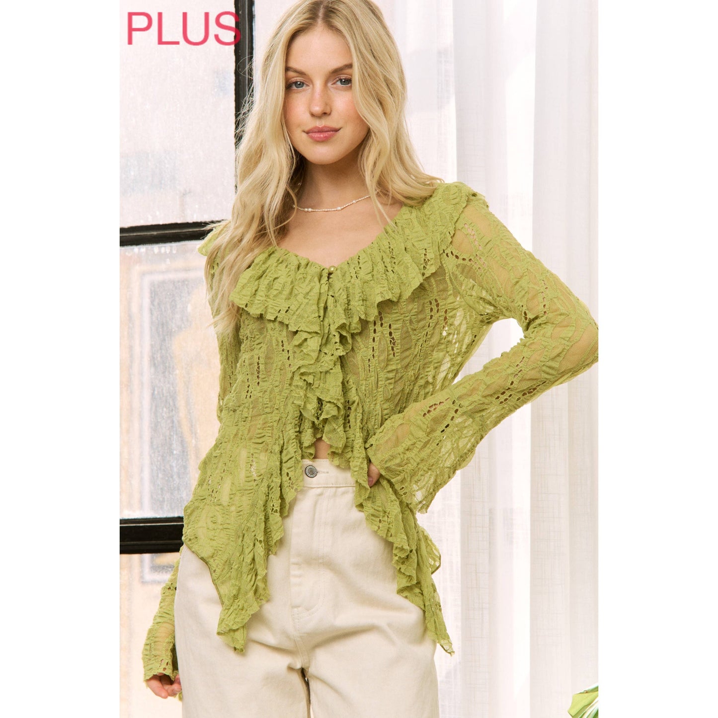 Sweet Generis - LIME GREEN LACE RUFFLE V-NECKLINE TOP WITH LONG SLEEVES