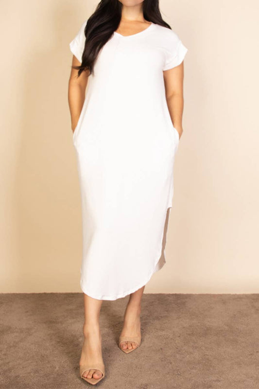 White Curvy Hidden Pocket V Neck Long Dress