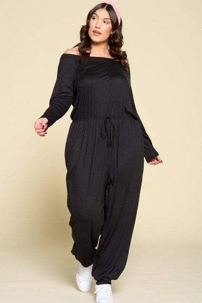Curvy Black Off Shoulder Casual Jumpsuit
