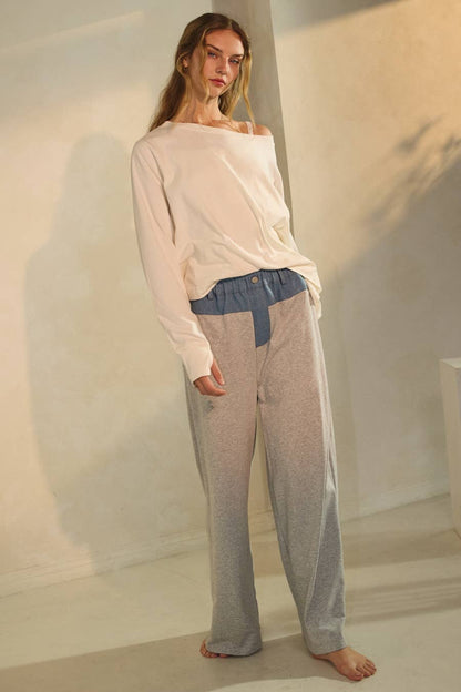 Oddi - Contrasting Denim Trim Wide-leg Pants