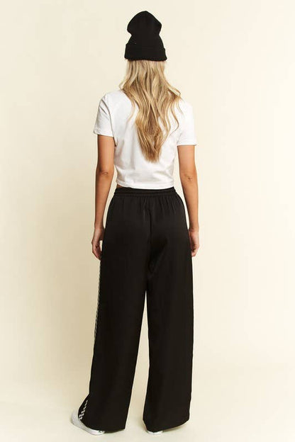 JADE BY JANE - SOLID SATIN SWEATPANTS WITH SIDE CHECKERBOARD TAPE