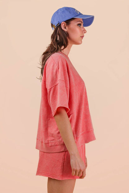 Coral Mineral Washed Knit Casual Top & Shorts