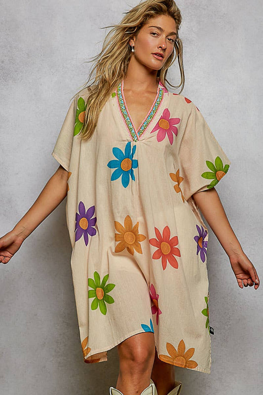 Pol Clothing - 1/2 Sleeve V neck Beads Trim Floral Printed Woven Dress