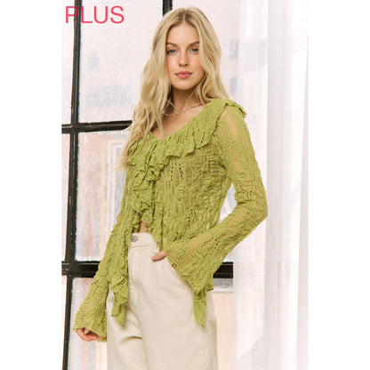 Sweet Generis - LIME GREEN LACE RUFFLE V-NECKLINE TOP WITH LONG SLEEVES