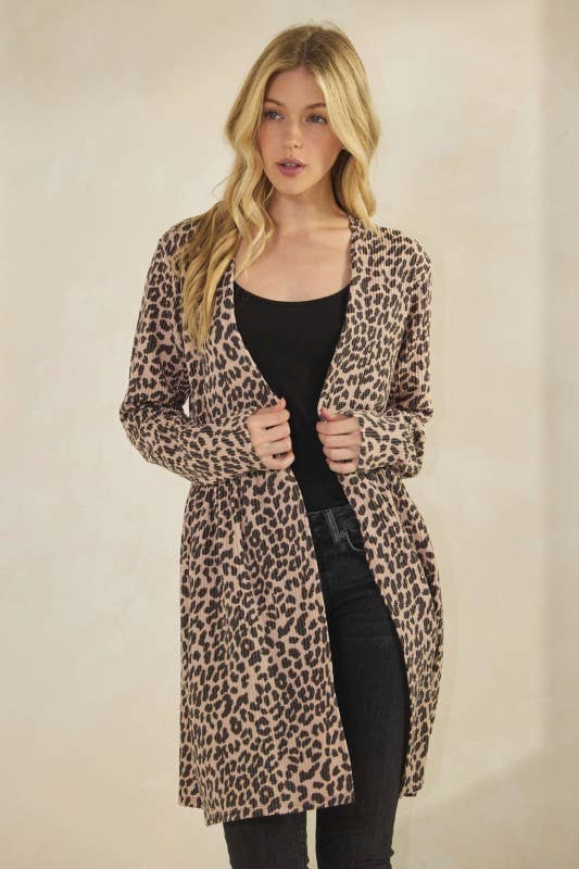 CURVY ANIMAL PRINT RIBBED BABY-DOLL CARDIGAN