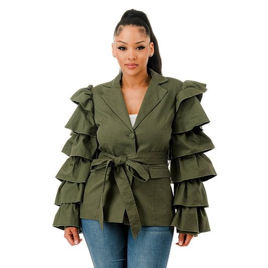 Layered Ruffle Sleeve Waist Tie Blazer Jacket