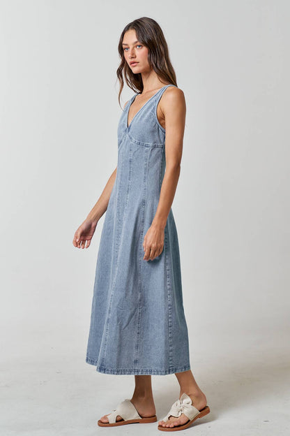 V-Neck Denim Sleevless Maxi Dress