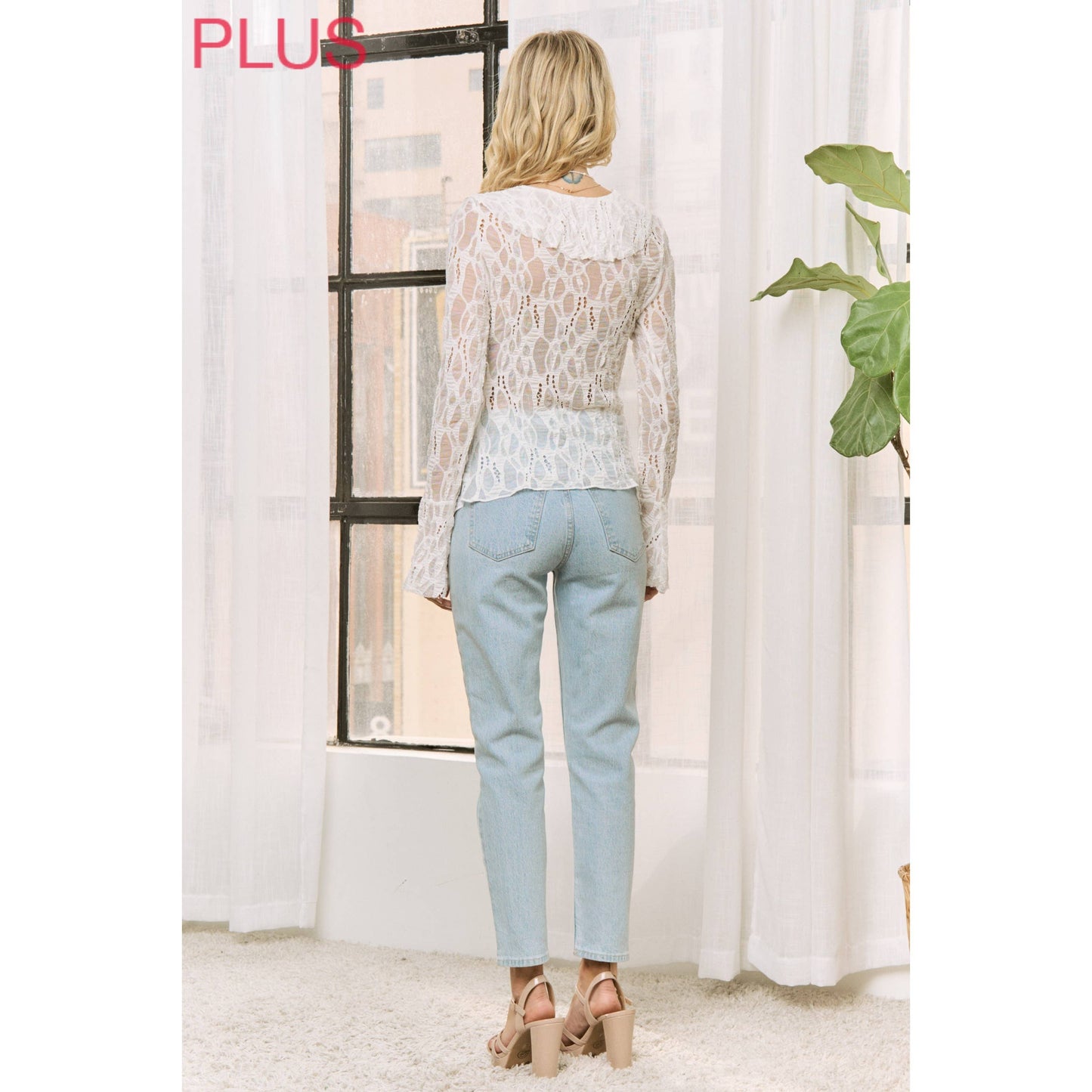 Sweet Generis - WHITE LACE RUFFLE V-NECKLINE TOP WITH LONG SLEEVES