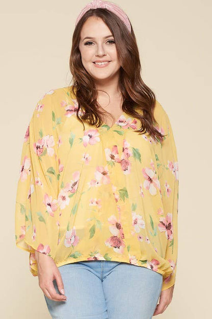 Yellow Floral Chiffon Surplice Top