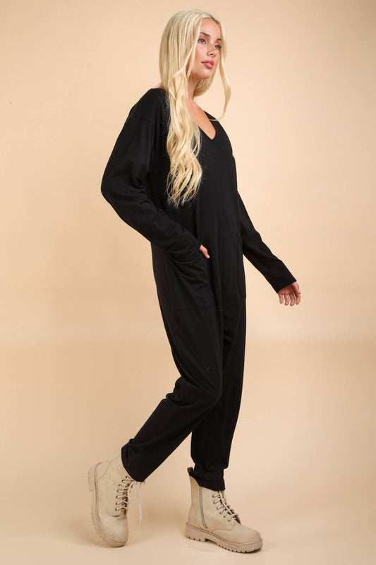 Black- Curvy Solid Knit Baggy Comfy Jumpsuit