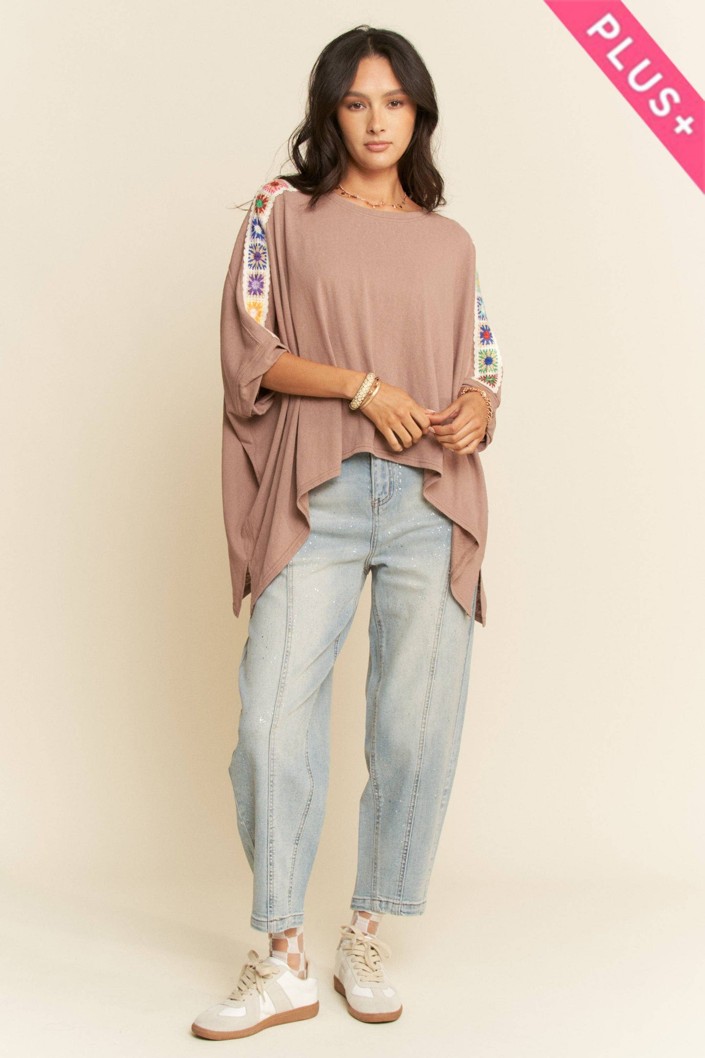 Davi & Dani - Mocha Boho Dolman Top w/Crochet Trim