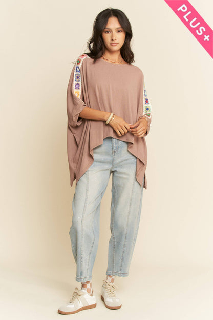 Davi & Dani - Mocha Boho Dolman Top w/Crochet Trim