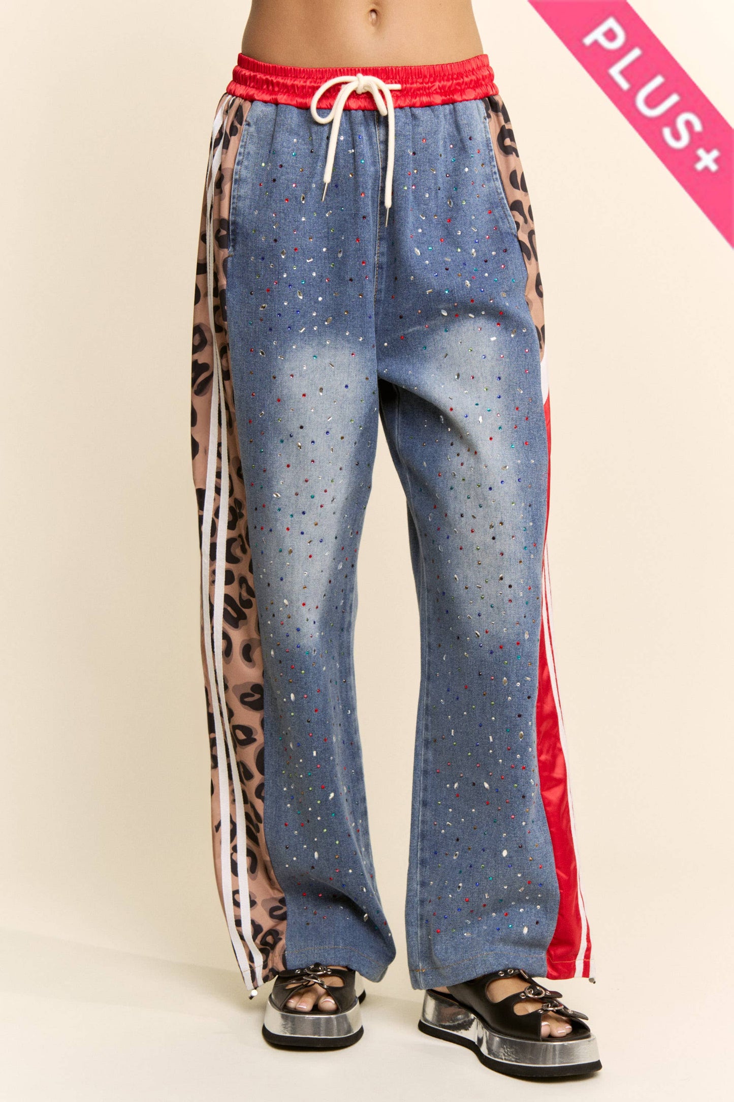 Davi & Dani - PLUS RHINESTONE JOGGERS CRYSTAL DENIM TRACK PANT