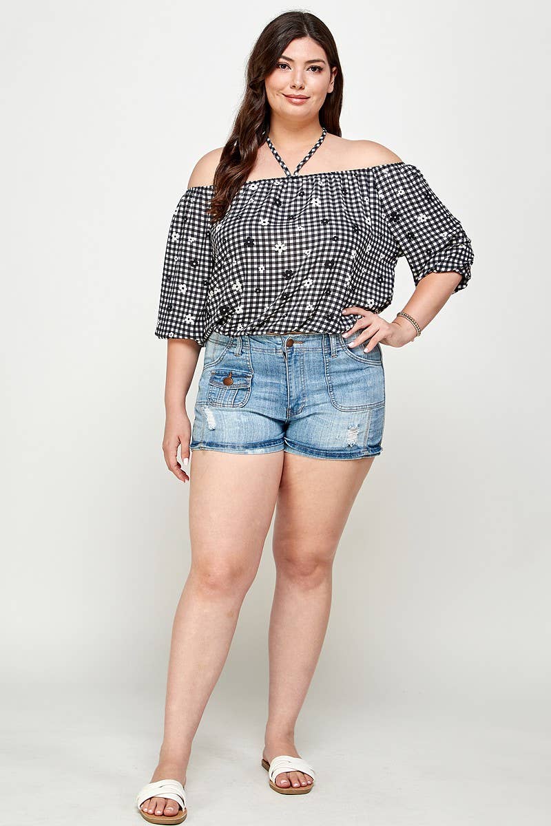 Black -The Curvy Checkered Off The Shoulder Top -