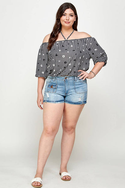 Black -The Curvy Checkered Off The Shoulder Top -
