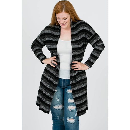 BLACK STRIPE KNIT LONG SLEEVE CARDIGAN