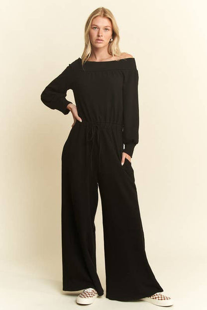 Curvy Line Off Shoulder Terry Knit Jumpsuit