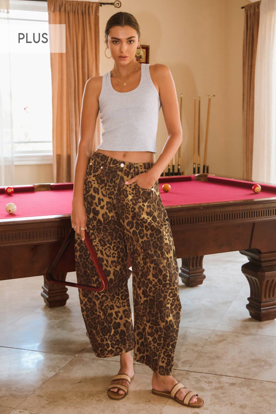 Plus Washed Leopard Printed Barrel Jean Pant