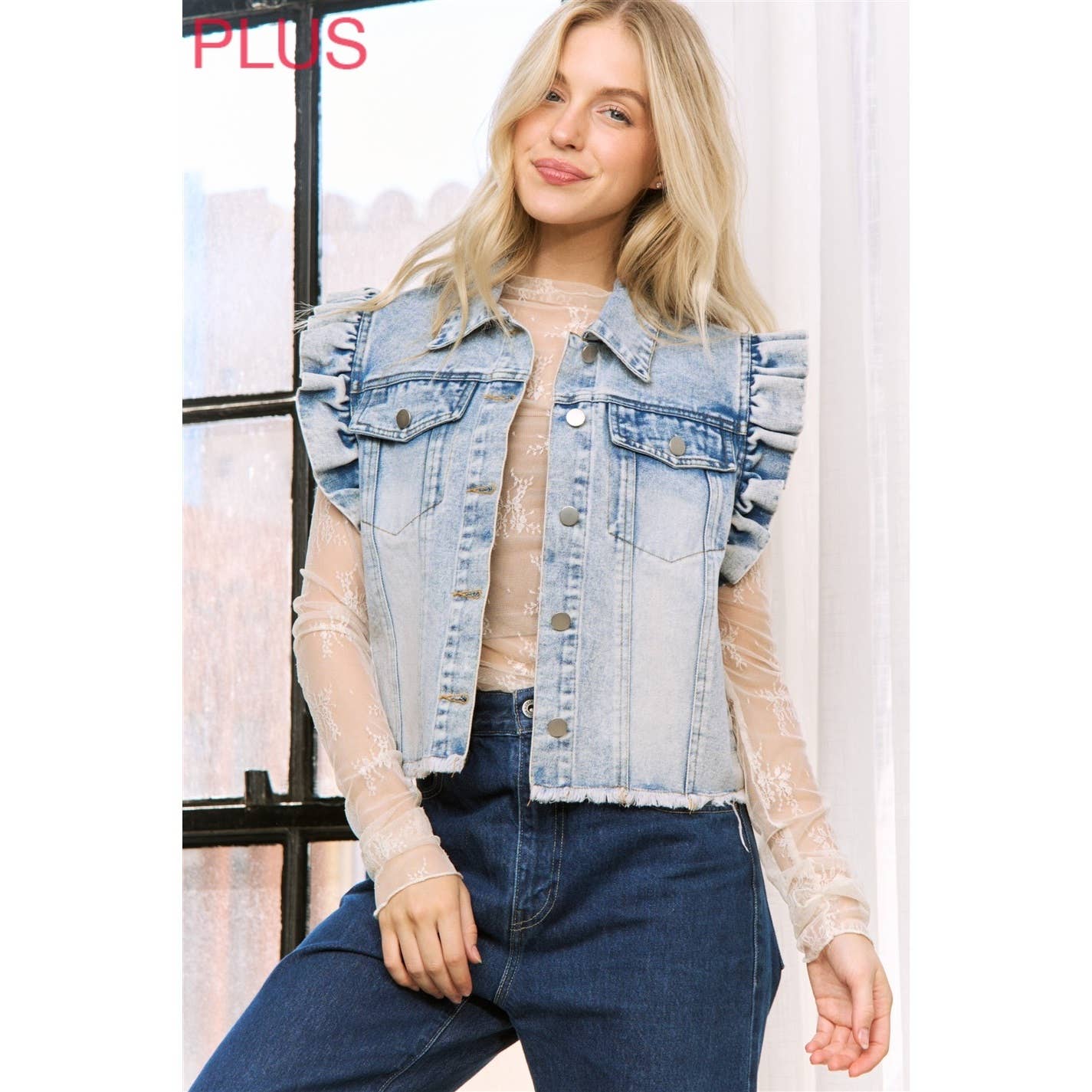 Sweet Generis - DENIM WASH VEST JACKET with ARMHOLE RUFFLE DETAILS