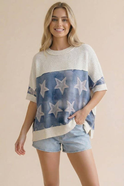 White & Denim Watercolor Oversized Star Top